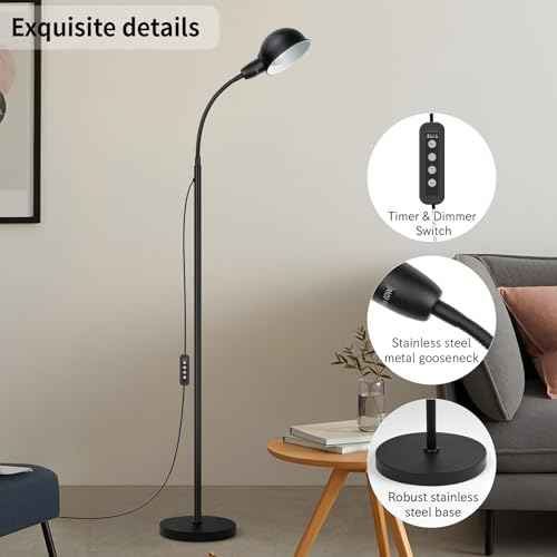 Floor Lamp with Flexible Gooseneck and Height Adjustable£¬Standing Lamp Include Dimmer LED Bulb£¬Ideal Tall Lamp with Dimmer and Timer Switch for Reading,Bedside and Living Room (Black)