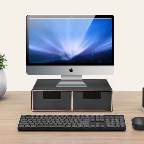 Linen Leather Desk Organizer and monitor stand with Drawers£­Mini Desktop Drawer Organizer Stackable£­Tabletop Organization Storage Box for Office Supplies Home Vanity Toiletries (Black, 2-drawers)