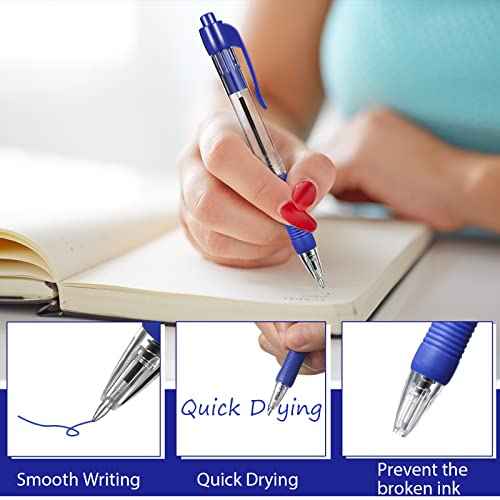 Fainne 200 Pack Retractable Ballpoint Pen 1.0 mm Medium Point Refillable Smooth Click Writing Pens With Grip for Work Journal Writing Office School Supplies(Blue Ink)