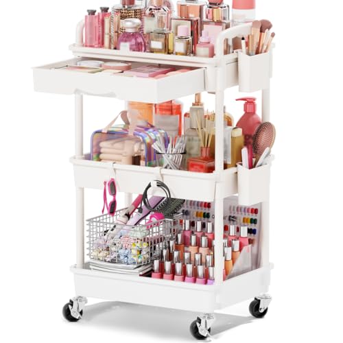 Goovilla Rolling Makeup Organizer Cart with Removable Drawer - White, 3-Tier