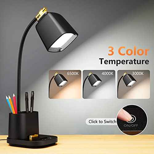 LED Desk Lamp with USB Charging Port Touch Control 3 Color Modes, Stepless Dimming,Eye-Caring LED Table Lamp for Home,Office,Bedroom,Reading,Work,Study,Gooseneck Lamp, 5V, 2.4A