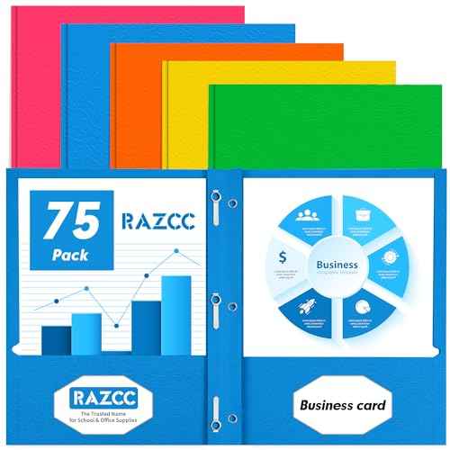 Two Pocket Folders, RAZCC 75 Pack Two Pocket Folders with Prongs, 3 Prong Folders Fit Letter Size Paper, Pocket Paper File Folders for School Office Home Business, Assorted 5 Colors
