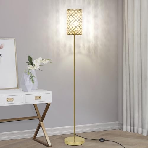 Gold Floor Lamp, Crystal Floor Lamp with Decorative Shade, Standing Lamp with On/Off Foot Switch & E26 Base, Modern Floor Lamps Corner Tall Pole Light for Living Room, Girls Bedroom, Dresser, Office