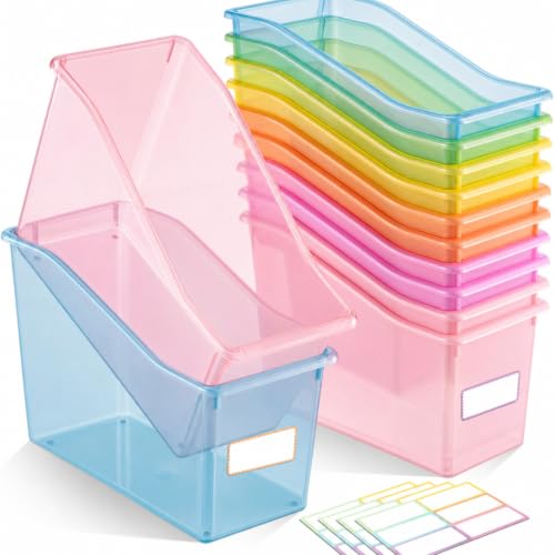 Geetery 12 Pcs Translucent Pastel Plastic Book Bins for Classroom & Organization