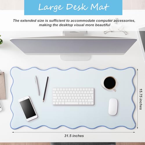 Hahafelt Blue Large Scalloped Desk Mat - 31.5 x 15.8 Inches Office Desk Pad