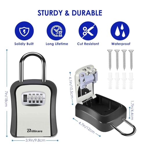 Brillirare Key Lock Box 4-Digit Waterproof Wall Mount, Removable Shackle, Large Capacity