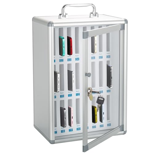 Cell Phone Locker for Classroom, 24 Slots Portable Phone Holder Box, Wall Mount Phone Box with Security Lock, Lightweight Phone Storage Organizer Cabinet, Pocket Chart Storage (Silver)