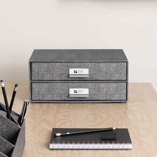 Bigso Birger 2-Drawer Canvas Fiberboard Easy Pull Handle Box - Desktop Drawers for A4 and Letter Size Papers - Desk Drawers with Metal Label Holder - 13.1in x 10in x 5.7in - Melange Grey