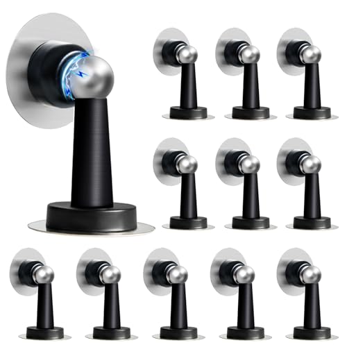 Shackcom Magnetic Door Stop 12 Pack Stainless Steel Door Holders to Keep Door Open Self-Adhesive Tape, Screws for Stronger Wall & Floor Mount for Bedroom Bathroom Kitchen Home Office(Black)
