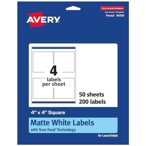 Avery Matte White Square Labels, Sure Feed Technology, 4" x 4", 200 Matte White Printable Labels
