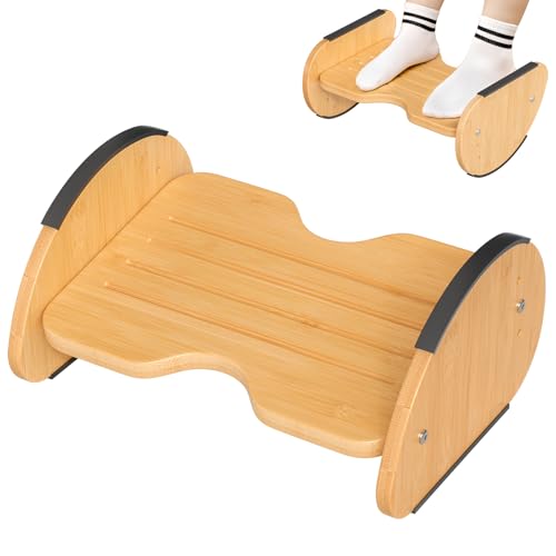 Amazer Bamboo 2-in-1 Under Desk Foot Rest (Natural, 1-Tier) — Reversible Rocking/Static Foot Stool