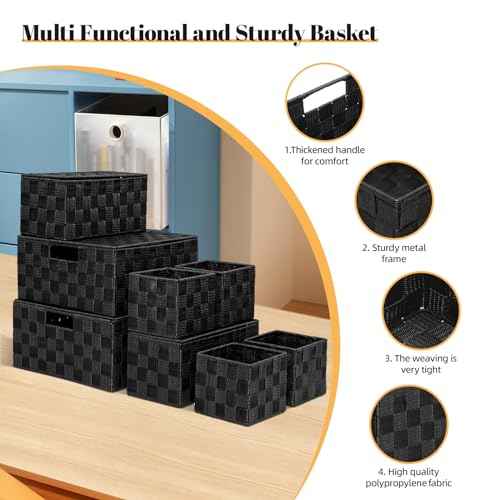 Woven Polypropylene Basket Set of 8, Woven Storage Basket, Woven Strap Baskets, Woven Basket Organizer for Bedroom, Bathroom, Office, Shelf, Dresser, Kitchen, Pantry, Black