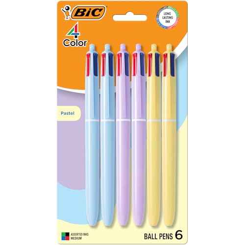 BIC 4-Color Pastel Barrel Multicolor Ballpoint Pens, Long-Lasting Ink and 1.0 mm Medium Point, 6-Count Pack in Black, Blue, Red and Green Ink