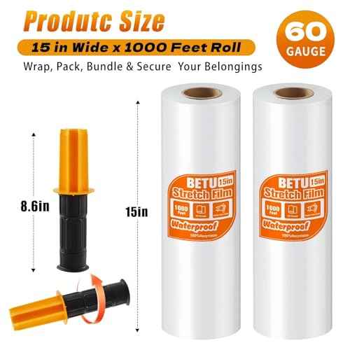 BETU Plastic Wrap Stretch Film for Moving Supplies 15inch X 1000ft, Shrink Wrap Stretch Roll Industrial for Furniture Wrapping Shipping Pallet Moving Boxes Storage with Handles, 2 Pack, Clear