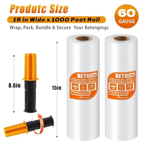 BETU 15-Inch Clear Stretch Shrink Wrap for Moving & Storage | 2 Pack, 1000ft