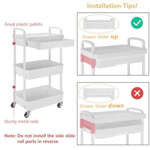 Calmootey 3-Tier Rolling Utility Cart with Drawer,Multifunctional Storage Organizer with Plastic Shelf & Metal Wheels,Storage Cart for Kitchen,Bathroom,Living Room,Office,White