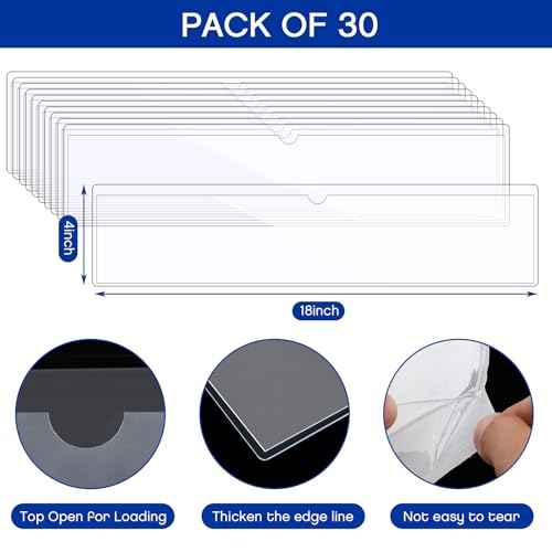 Chinco 30 Pcs Self Adhesive Pockets, Bin Labels for Storage Bins, Clear Pocket Label Sleeves, Plastic Index Card Holder with Top Open for Organizing Bins Box Drawer(18 x 4 Inches)