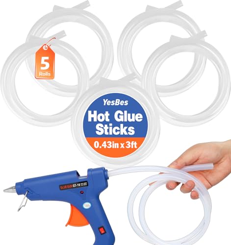 YesBes 5 Rolls Hot Glue Sticks 3 ft x 0.43 in Full Size for Glue Gun, All-Temp, 5-Pack