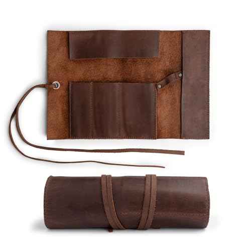 Hide & Drink, Rustic Leather Pencil Roll Pouch, Multi-Purpose Storage Wrap for Scissors, Earphones, Organizer for Craft, Work, Handmade (Bourbon Brown)