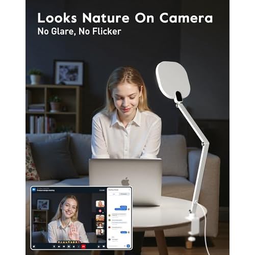 Led Desk Lamp with Clamp, 1200LM Dimmable Home Office Desktop Light, 3000k-6500k Adjustable Swing Arm Ring Light for Video Conference, Study, Reading, Zoom Calls, Streaming (White)