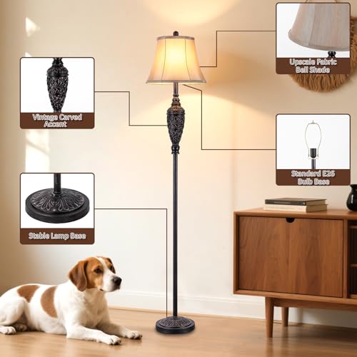 65¡¯¡¯ Vintage Floor Lamp for Living Room, Traditional Standing Lamp with Carved Resin Base and Foot Switch, Classic Farmhouse Tall Pole Lamp, Bedroom, Office, Bronze Finish