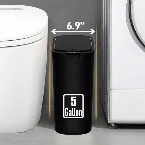 TIPGO 5 Gallon Motion Senor Bathroom Trash Can with Lid, Automatic Garbage Can Touchless, Smart Plastic Waste Basket for Narrow Spaces, Bathroom, Office, Bedroom, Living Room (Black)