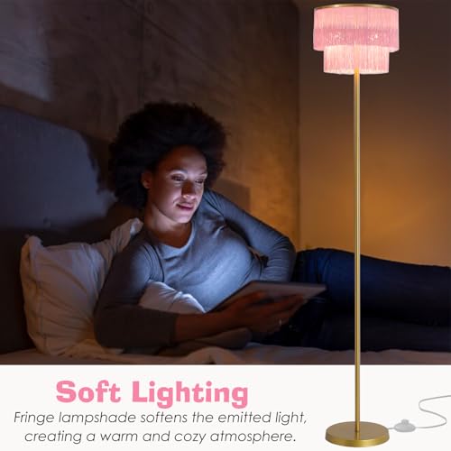 2 Light Gold & Pink Boho Floor Lamp with 2-Tier Tassels/Fringe Lampshade,66" Tall Mid Century Standing Bedroom Lamp,Soft Lighting Nursery Floor Lamp for Bedroom Livingroom