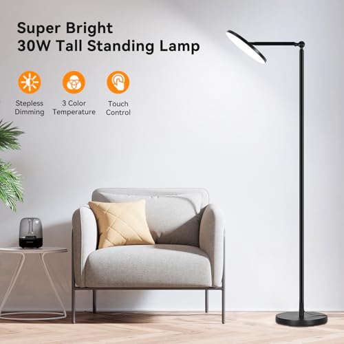 Floor Lamps for Living Room, 30W Super Bright LED Standing Lamp, Stepless Dimmable Tall Torchiere Lamp with Remote & Touch Control, Modern Floor Lamp for Bedroom & Office -Black