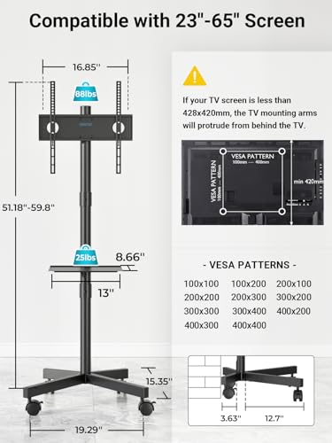 BONTEC Black Rolling TV Stand for 23-65 Inch Flat & Curved Screens, Mobile TV Cart with Adjustable Height and Shelving