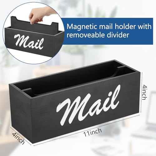 Magnetic Mail Organizer Farmhouse Rustic Mail Holder for Fridge Wood Paper Basket Letter Envelope File Storage Box with 2 Slot for Home Office Metal Cabinet Wall Desk Countertop(Black)