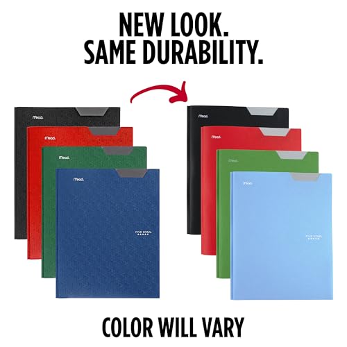 Five Star 2-Pocket Plastic Folder with Stay-Put Tabs & Prongs 4 Pack - Black, Fire Red, Forest Green, Pacific Blue