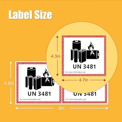 1000-Pack UN3481 Lithium-Lon Battery Caution Labels, 4.7 x 4.3 Inch, Adhesive Safety Stickers for Shipping Lithium Batteries, Transport Warning Labels (UN3481)