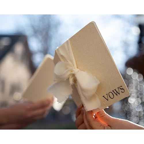 Cream Embossed Slim Vow Books w/Ribbon (Set of 2) - 5.625 x 4 Minimalist Pocket Sized Wedding Ceremony Vow Renewal Speech Notebook Journal