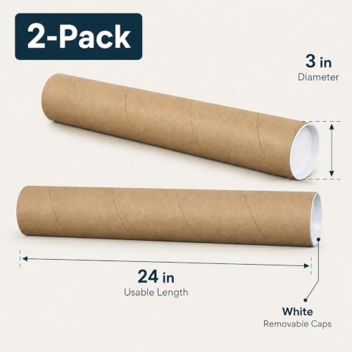 2-Pack Kraft Mailing Tubes with End Caps - 24 Inch for Posters & Documents