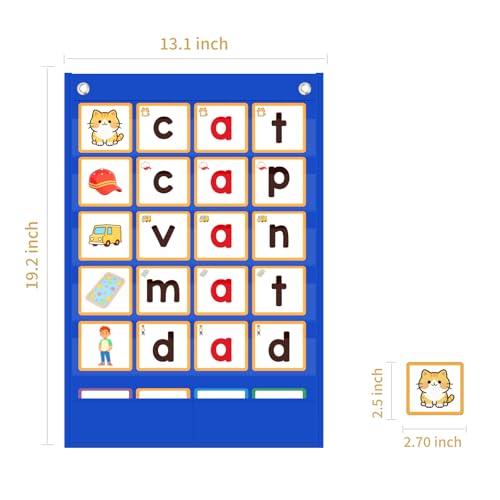 ANSTROUT CVC Word Building Pocket Chart - Blue, 5 Pockets + 144 Phonics Flash Cards