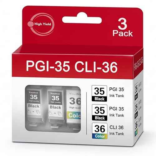 PGI-35 CLI-36 Ink Cartridges 3-Pack Compatible PGI35 Black CLI36 Color Ink Replacement for Canon 35 36 Ink Cartridge Work with PIXMA iP100 iP110 TR150 Mini260 Mini3200 Printer (2Black+1Color)