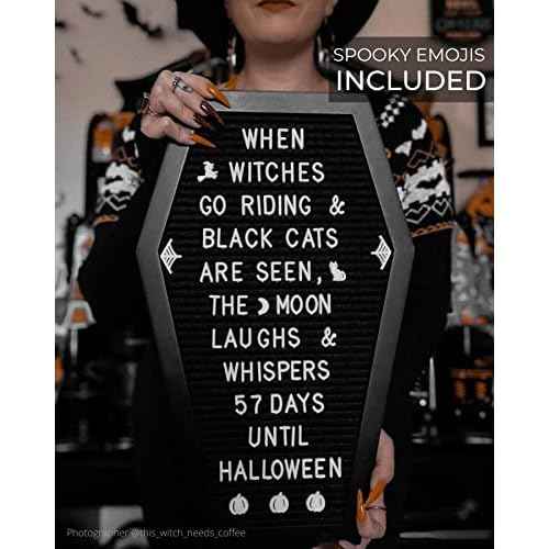 Coffin Letter Board Black +3D Bat Stickers +650 Characters, Spooky & Seasonal Emojis, Wooden Stand - 17x10.5 Inches - Coffin Shaped Goth Decor Sign Witchy Halloween Decorations Gothic Decor Birthday Wedding Home Spooky Gifts