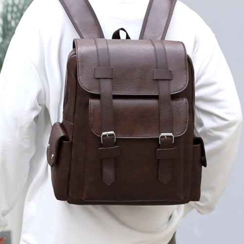 Vintage Laptop Backpack Leather Backpack for Men Dark Brown Travel Work Backpacks Large Capacity Business Back Pack