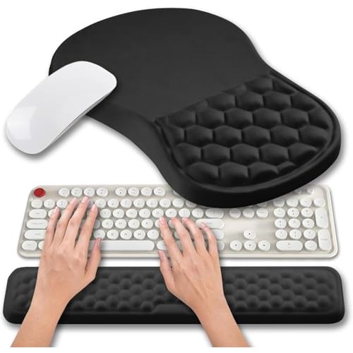 Hokafenle 2 in 1 Ergonomic Mouse Pad Wrist Support & Wrist Rest for Computer Keyboard Set, with Relieve Carpal Tunnel Pain Massage Bulge and Full Memory Gel Design (2In1 Set, Black)