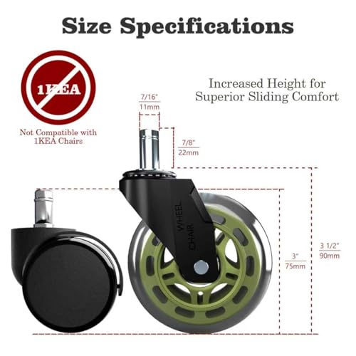 QXYJLCN Office Chair Wheels Replacement 3" Rubber Casters 7/16" Stem - Green, 5-Piece, Universal Fit