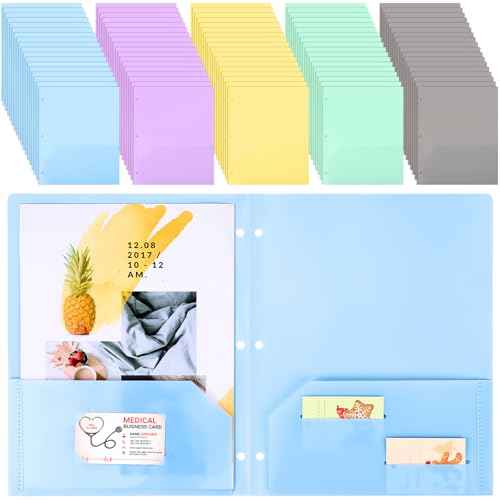 Seajan 100 Pcs Pastel Colors Plastic Folders with Pockets Heavy Duty Folders Bulk with 4 Pockets 3 Hole Punch Pocket Folders with Business Card Slot for School Office, Letter Size, 5 Colors