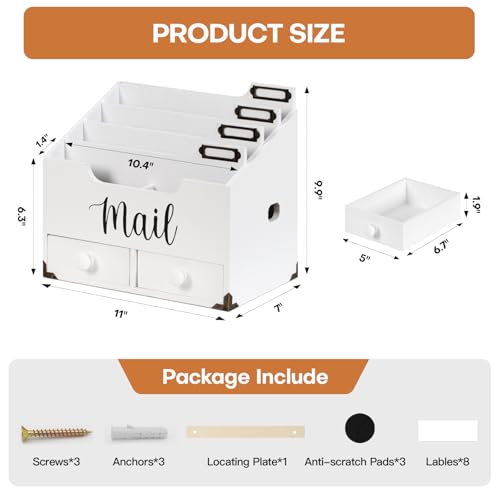 RELBRO Mail Organizer Desktop, Wood Desk Organizer with 2 Drawers, 4 Compartments for Home Office Accessories, White