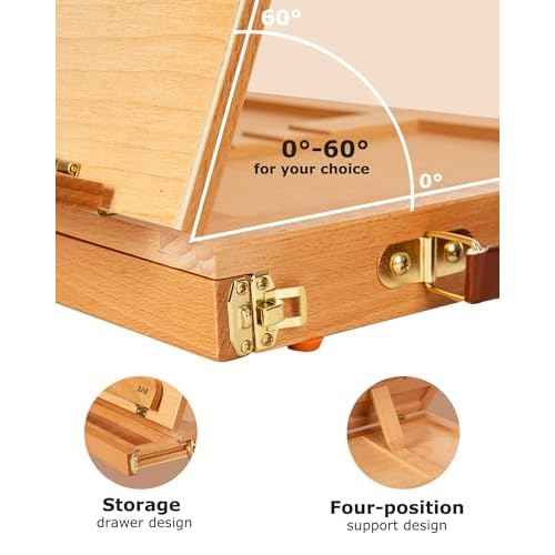 DJAR Adjustable Tabletop Art Easel ? Beechwood Desktop Sketch Easel Box with Storage Drawer & Palette, Drawing, Sketching, and Painting, Hold Canvas up to 11" x 14", Natural