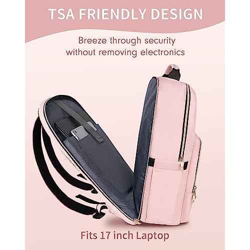 MATEIN Pink Laptop Backpack for Women, 17 Inch TSA Approved Anti Theft Padded Travel Backpack with Charging Hole & Luggage Strap, Large Water Resistant Work Computer Bag for Nurse College