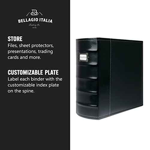 Bellagio-Italia 3-Ring XL 3" D Ring Binder, Classic Faux Leather - for Documents, File Storage, and Trading Cards - 1-Pack, Stores to 600 Pages, Black