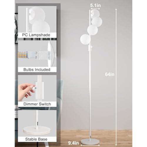 FAITHSAIL 4 Globe Mid Century Floor Lamp, Dimmable Modern Standing Lamp with PC Shade & 4pcs Warm White LED Bulbs, White Tall Tree Lamp for Living Room, Bedroom