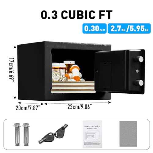 TOTOY Small Personal Safe Box 0.5 Cu Ft- Electronic Digital Security Safe Steel Construction Hidden with Key Lock, Wall or Cabinet Safety Box for Home Office Hotel Business Jewelry Gun Cash Money