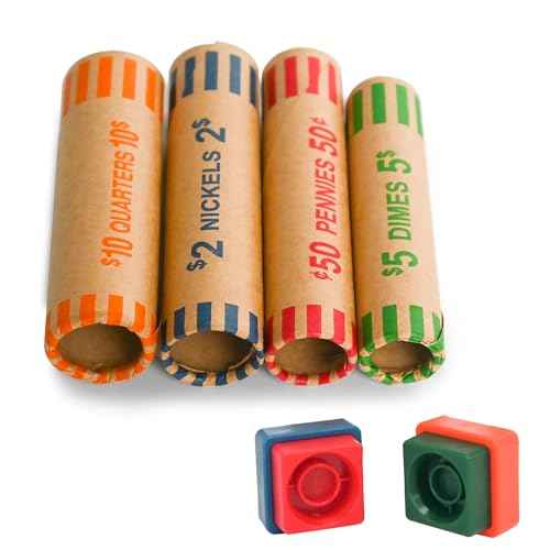 L LIKED 60 Assorted Coin Roll Wrappers with Color Coded Coin Wrapper Crimping Tool -(Quarters, Pennies, Nickels and Dimes)