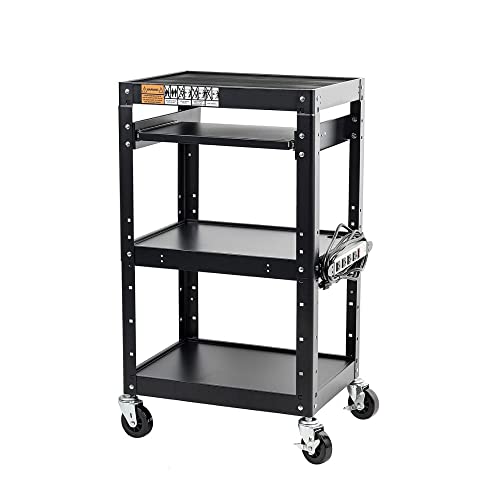 Pearington AV Presentation Cart Stand for Video Projector, TV, Laptop + 4-Outlet Power Strip (Variation: AV Cart) – Steel, 4 Shelves, 12ft Cord, Black