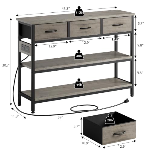Entryway Console Table with Outlets & 3 Fabric Drawers, 43 in Grey